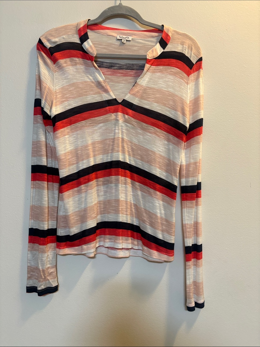 Splendid Striped Long-Sleeve V-Neck Top in Peach, Red & Navy